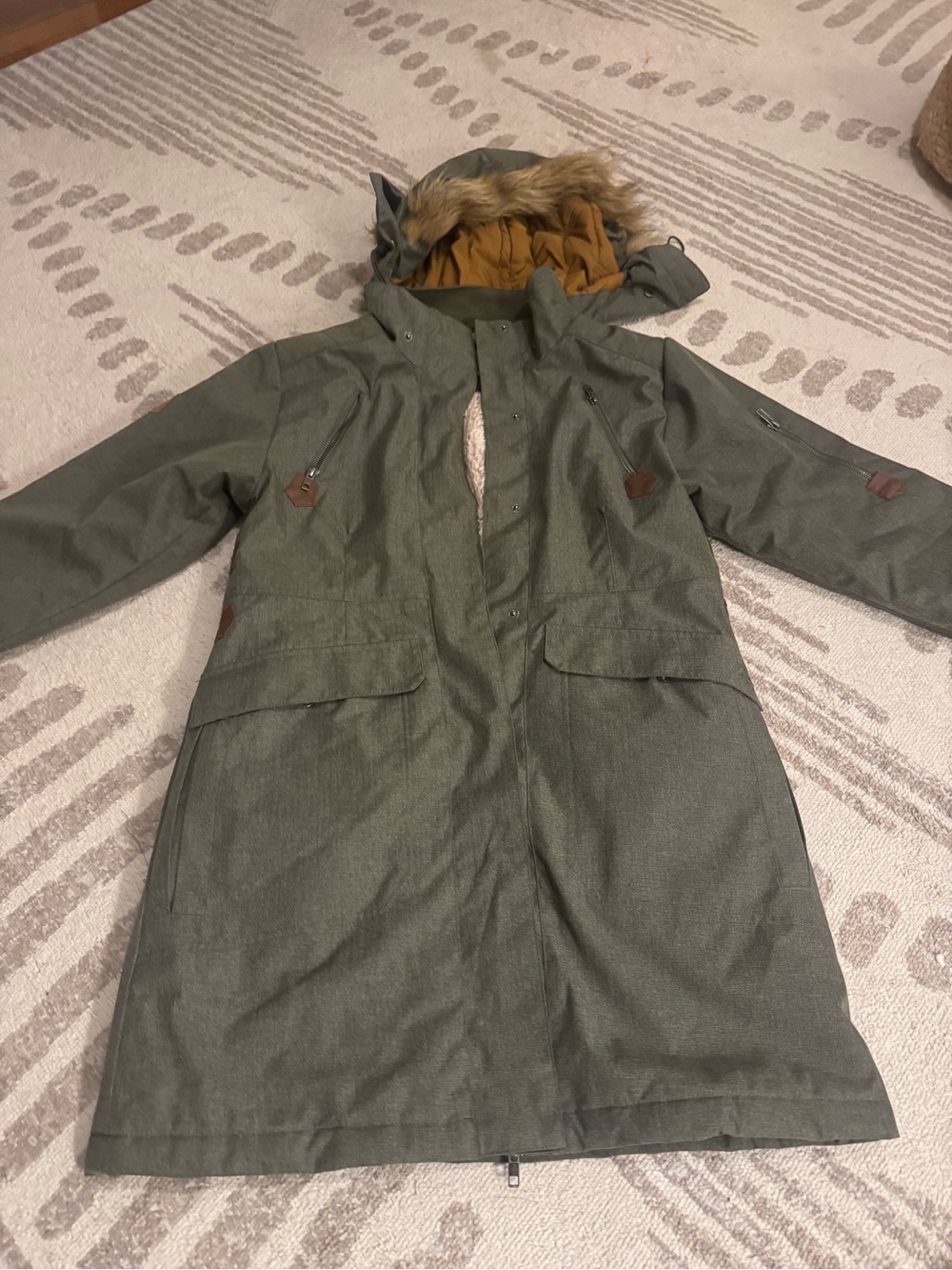 Women's Olive Green Parka Coat with Faux Fur Hood